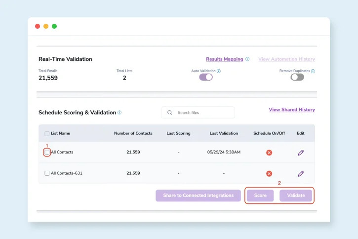 Real-time ,[object Object], and Schedule Scoring & Validation settings for the ZeroBounce Moosend integration.