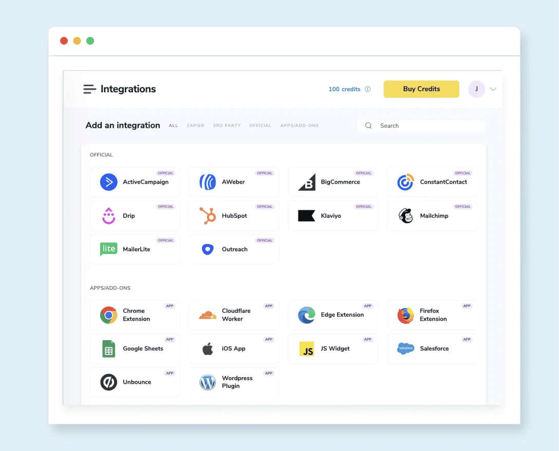 The ZeroBounce integration dashboard, which shows official integrations like Outreach.