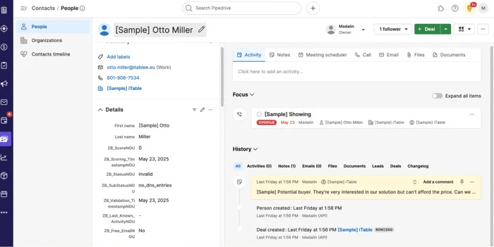 A Pipedrive contact card for the contact ‘Otto Miller’ with additional detail fields, including “ZB_Score,” “ZB_Status,” and “ZB_SubStatus” as the contact’s email verification results.