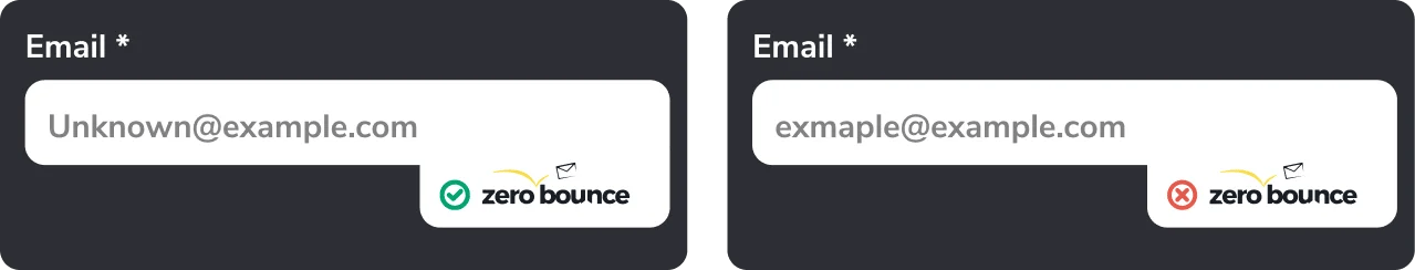 Two email fields, one with ZeroBounce ,[object Object], and one without