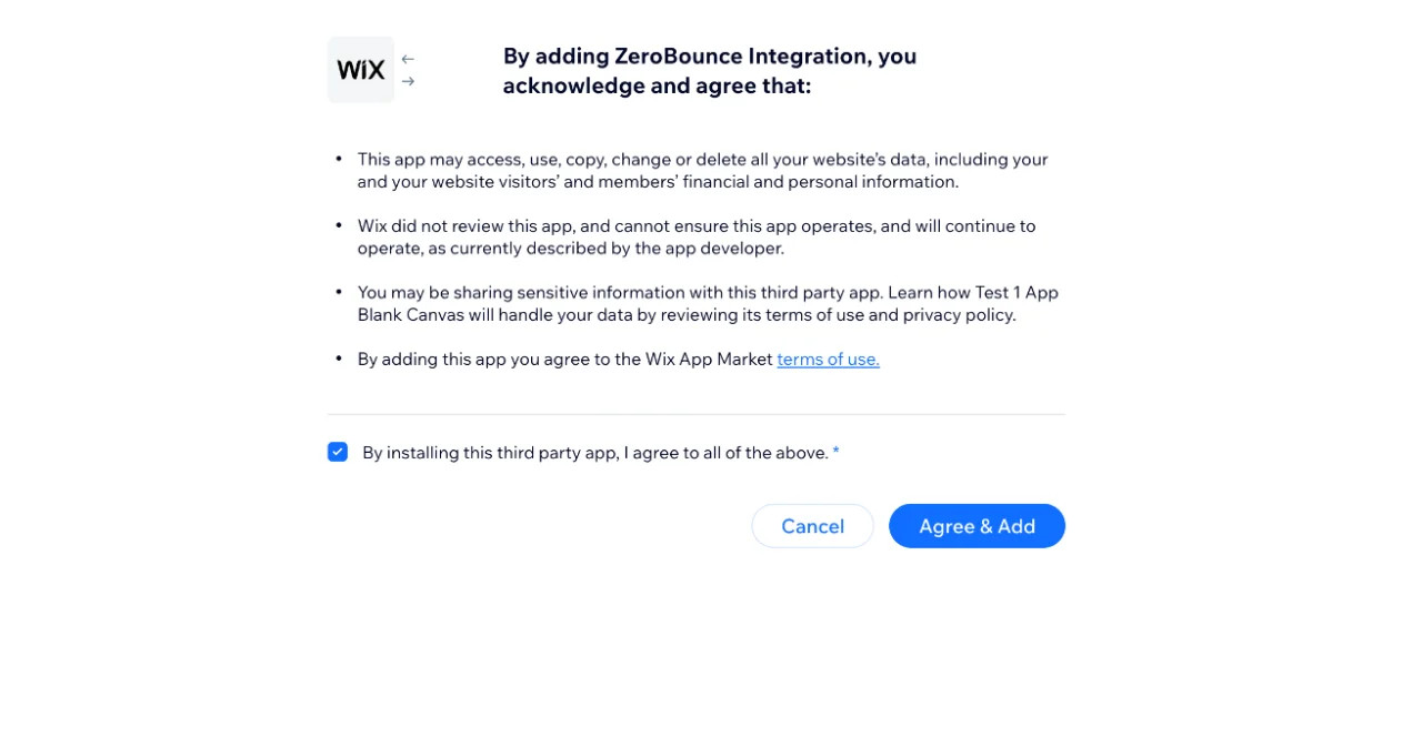 An acknowledgement and agreement pop-up that verifies if users wish to install the ZeroBounce app from the Wix Marketplace.