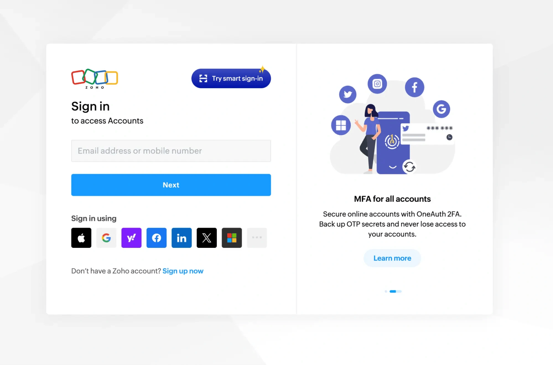 The Zoho sign-in page where you enter your email and password to authenticate with ZeroBounce.