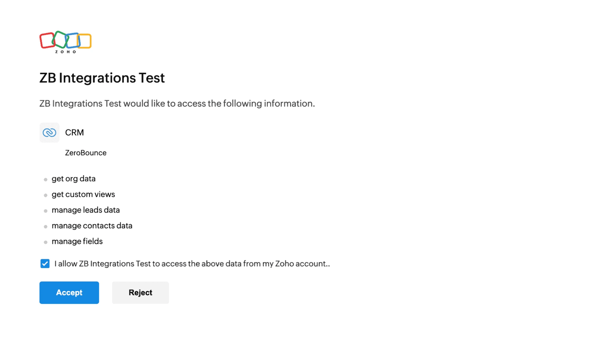 The Zoho account selection screen allowing you to choose which account to connect with ZeroBounce.
