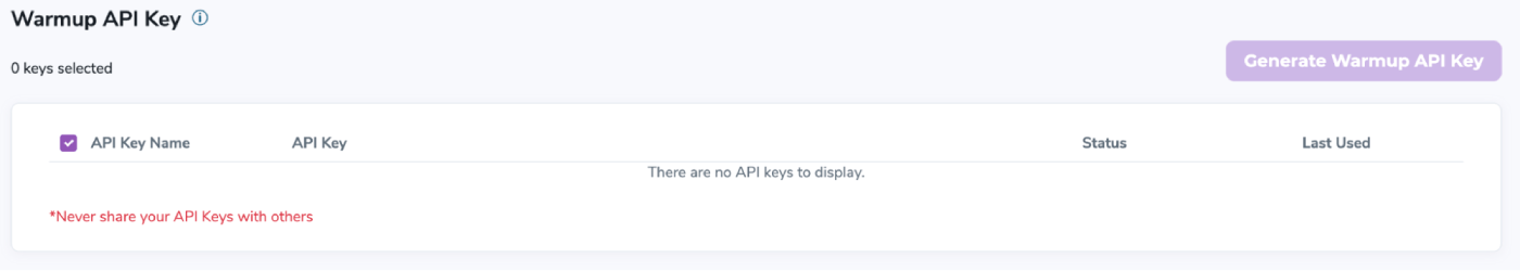 Sección Warmup API Key — lista vacía con el botón Generate Warmup API Key