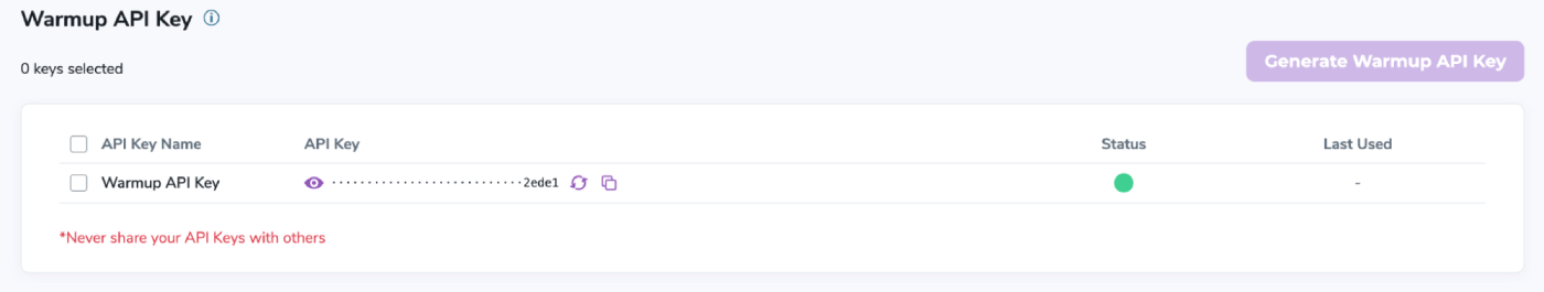 Tabla Warmup API Key con una clave activa y acciones de ver, regenerar y copiar
