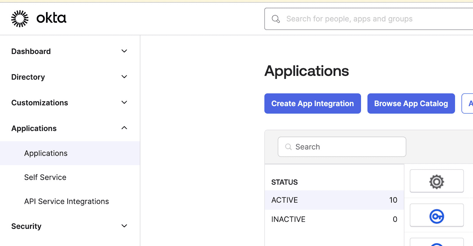 Okta account dashboard with the Applications menu highlighted