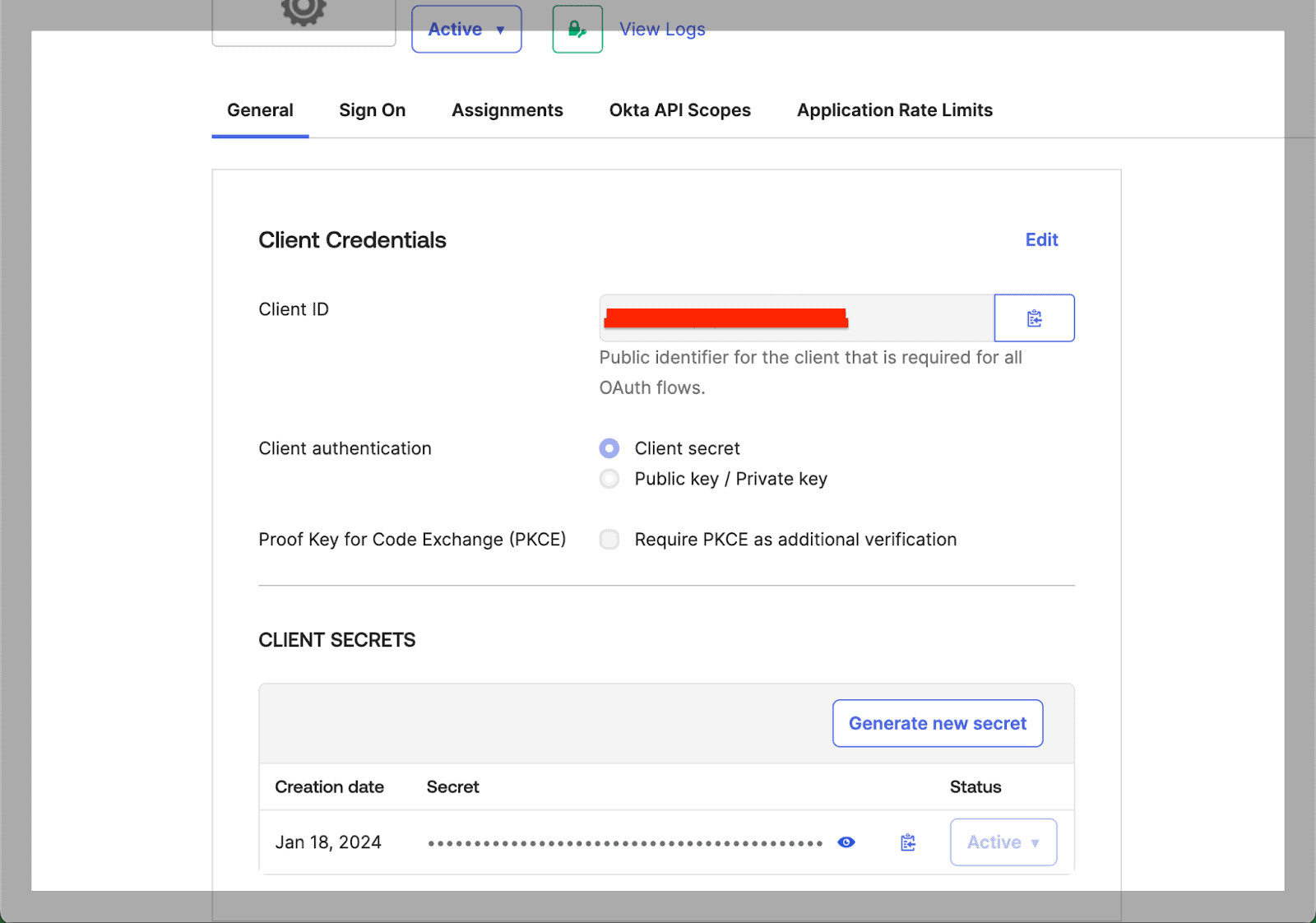 Okta general settings menu that shows Client Credentials and Client Secrets with a red bar through the Client ID