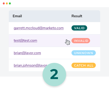 An email list with verification results, including valid, invalid, unknown and catch-all