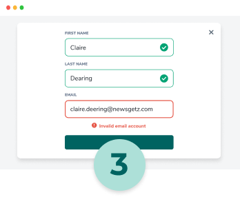 Real-time email verifier results on a landing page showing that claire.deering@newsgetz.com is an invalid email account
