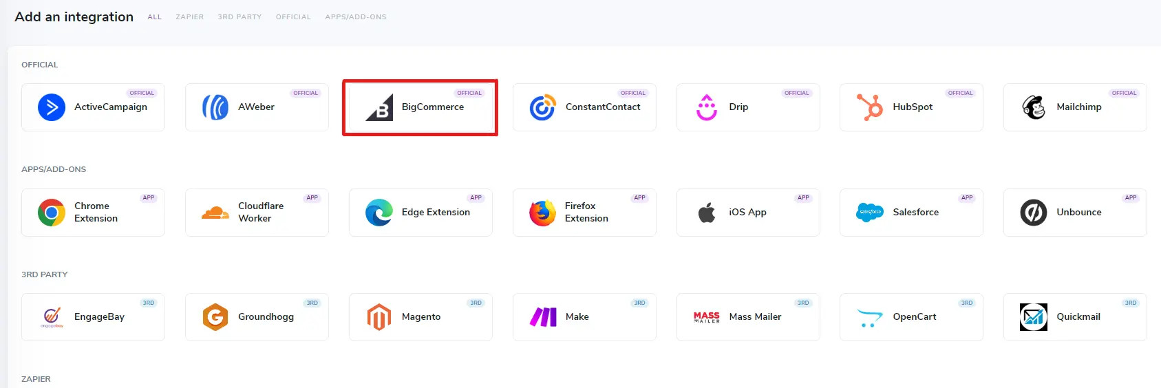 The ZeroBounce integrations dashboard with the BigCommerce ,[object Object], integration highlighted in red