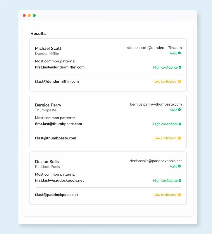 Una lista de 3 resultados de Email Finder para Michael Scott, Bernice Perry y Declan Solis junto con una dirección de correo electrónico válida y de alta confianza para cada conexión de LinkedIn: