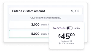 The ZeroBounce credit purchase menu, which shows options for 2,000 and 5,000 credits and the price of $39.00 for 2,000 credits (Pay-As-You-Go, minimum purchase).