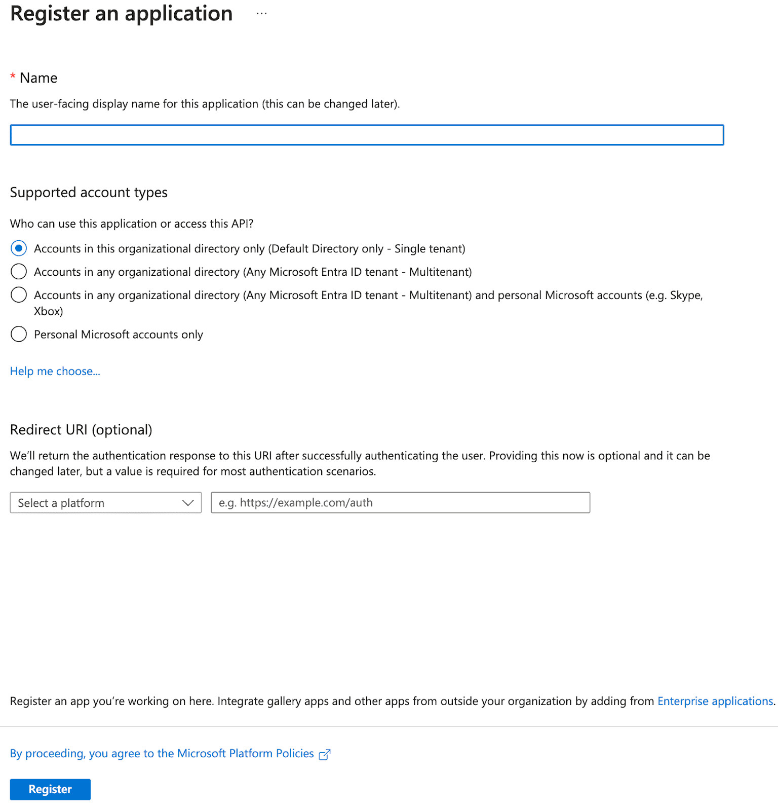Browse to Identity, Applications, App Registrations and select New Registration Enter a Name and click register
