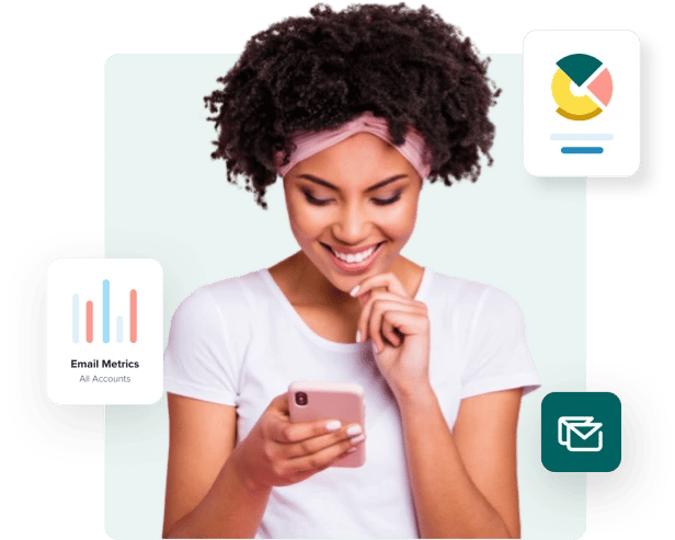 Smiling woman on her phone improves her email list with the free email verifier