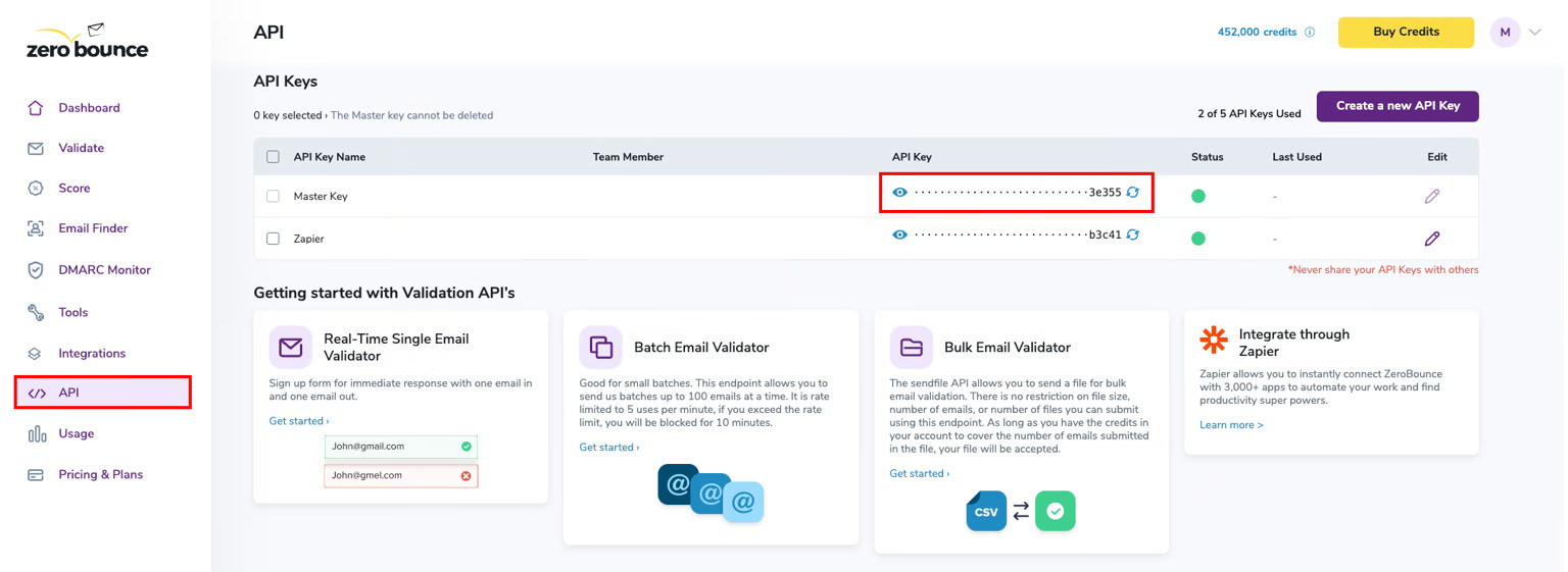 The ZeroBounce members dashboard with the user’s Master API key highlighted in red