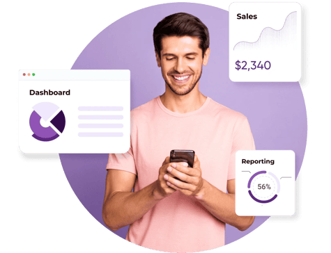 A man in a pink t-shirt looks down at his phone and see his dashboard, sales reporting for affiliates, and a generic graph that reads 56%.