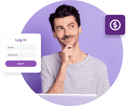 A man in a striped white shirt looks up and smirks next to the Partner login screen and a large dollar sign.