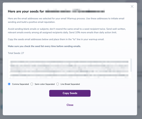 Modal de semillas personalizadas de calentamiento