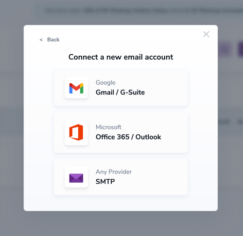 Modal que muestra las opciones de conexión disponibles: Gmail/G-Suite, Microsoft 365/Outlook o SMTP.