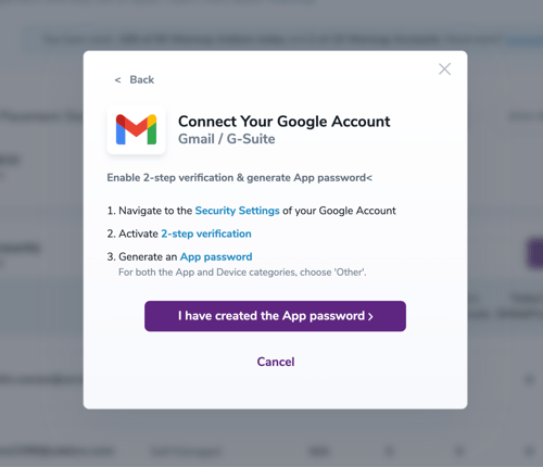 Modal que muestra cómo configurar la App Password y los siguientes pasos.