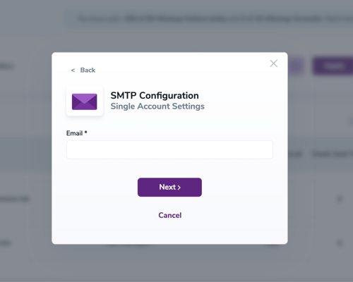 Modal que muestra el correo electrónico SMTP.