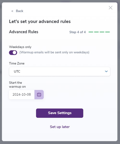 Modal que muestra las Reglas Avanzadas