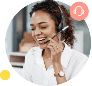 A woman in a white shirt talks to a customer using a hands-free headset.