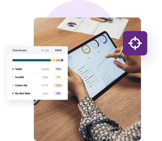 A close-up of hands holding a tablet showing a report on email validation results from Impressionwise.