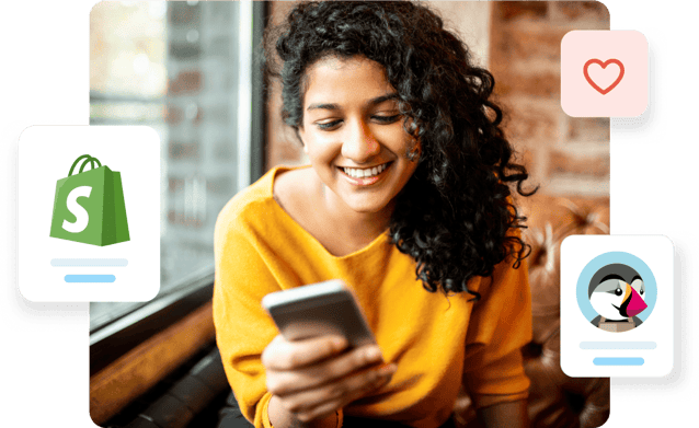 Smiling woman browses her phone while surrounded by logos for Shopify and PrestaShop for e-commerce