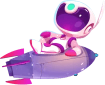Astronaut wearing a white purple and pink suit sits atop a purple and pink rocketship