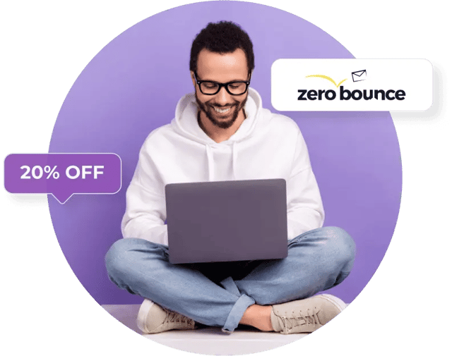 A man in jeans and a white hoodie sits cross-legged in front of a purple background with a laptop next to a pie chart, a 20% off speech bubble, and the ZeroBounce logo.