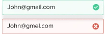 Two email addresses: john@gmail.com (marked as valid) and john@gmel.com (marked as invalid)