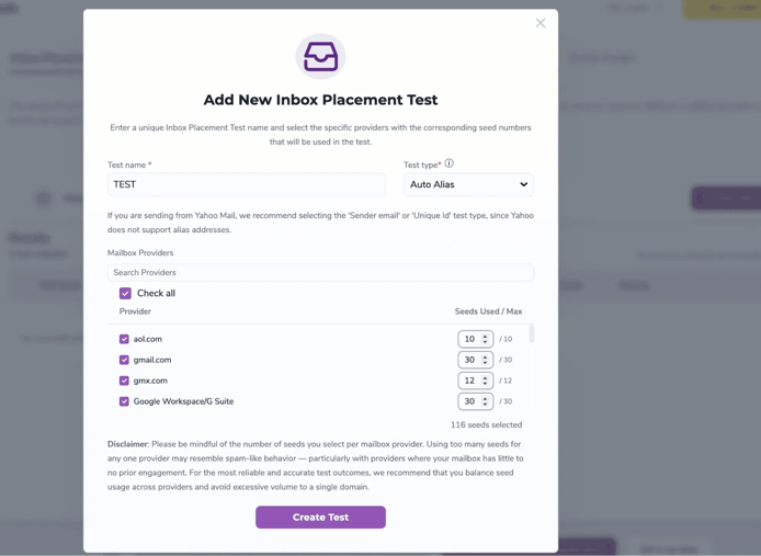Introduce un <strong>nombre de prueba único.</strong> <br /><br /> <strong>Selecciona el tipo de prueba</strong> - Alias automático <br /><strong>NOTA:</strong> Si envías desde Yahoo Mail, recomendamos seleccionar el tipo de prueba 'Sender email' o 'Unique Id', ya que Yahoo no admite direcciones alias.