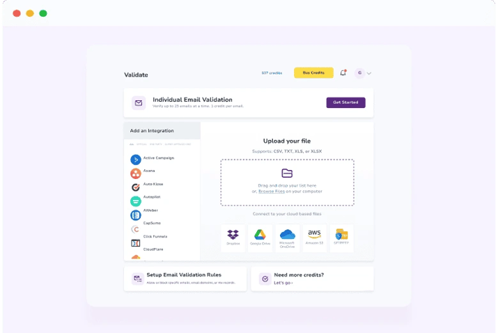 ZeroBounce's email validation upload screen.