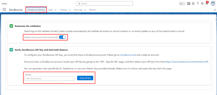 The ZeroBounce app settings in Salesforce with highlights over API key and validate contact/lead emails automatically