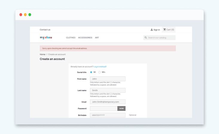 The account creation screen in PrestaShop for e-commerce with ZeroBounce’s email validation API integration active