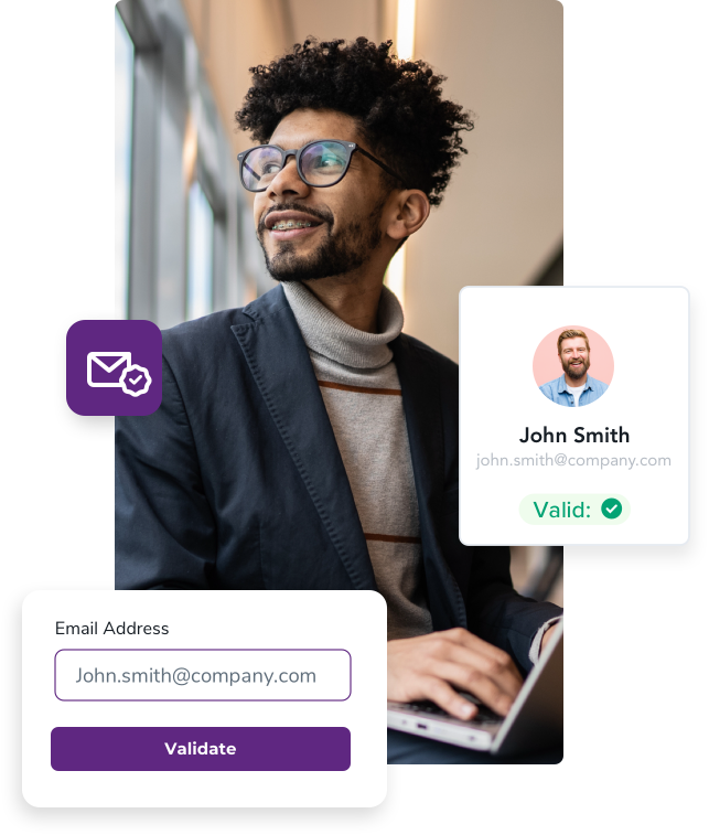 Man looking away from a laptop paired with an email validation tool and a valid email for the contact John Smith