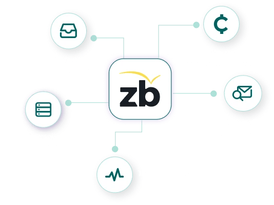 The ZeroBounce logo with a web of graphics reaching out to explain the free benefits available with a free account.