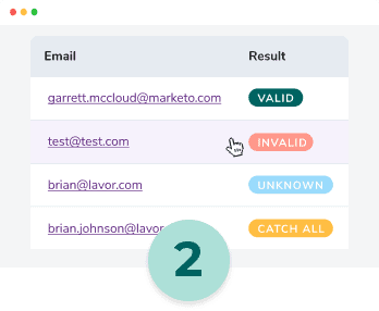 An email list with verification results, including valid, invalid, unknown and catch-all