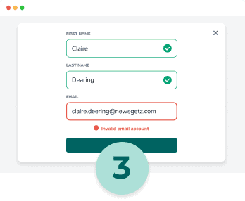 Real-time email verifier results on a landing page showing that claire.deering@newsgetz.com is an invalid email account