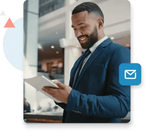 A suited businessman watches the ZeroBounce Litmus 3P Flow webinar from his tablet device