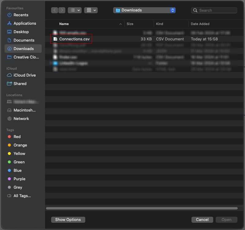 Screenshot of a computer file finder interface with a highlighted 'Connections.csv' file.