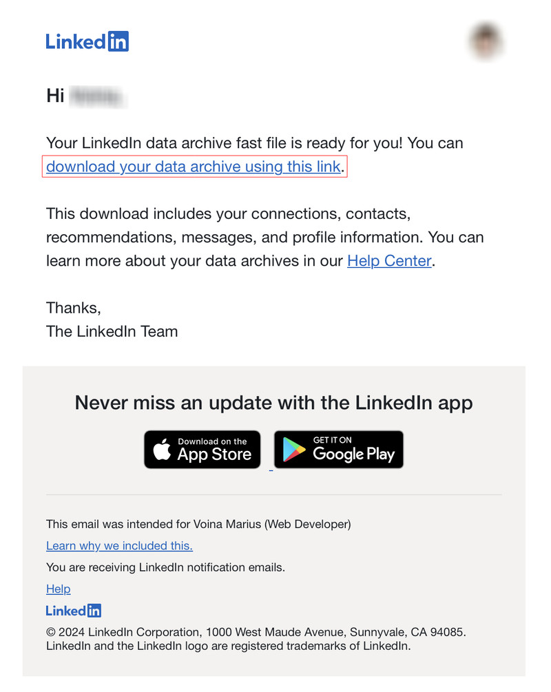 An email from LinkedIn that contains a link to download your account's data archive.