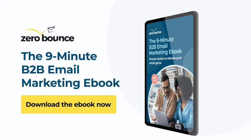 The 9-Minute B2B Email Marketing Ebook on a tablet screen with a button that reads “Download the ebook now.