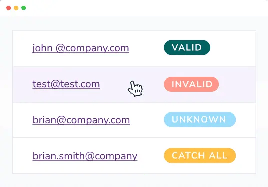 A list of verified email addresses: john@company.com (valid), test@test.com (invalid), brian@company.com (unknown), and brian.smith@company (Catch-all).