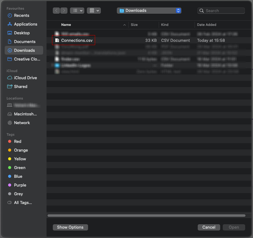 Screenshot of a computer file finder interface with a highlighted 'Connections.csv' file.