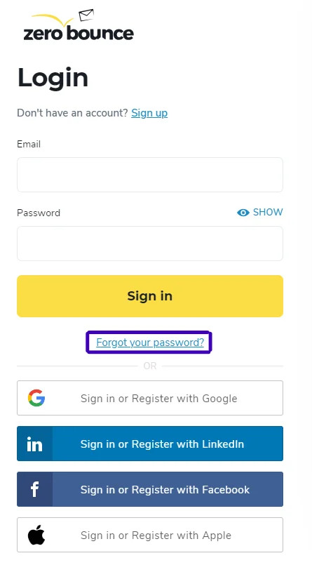 ZeroBounce sign in screen highlighting the “Forgot your password” link