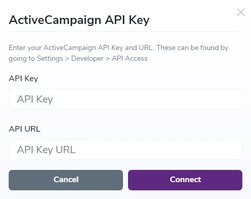 Screenshot of the API key request for the ActiveCampaign integration