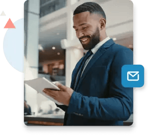 A suited businessman watches the ZeroBounce Litmus 3P Flow webinar from his tablet device