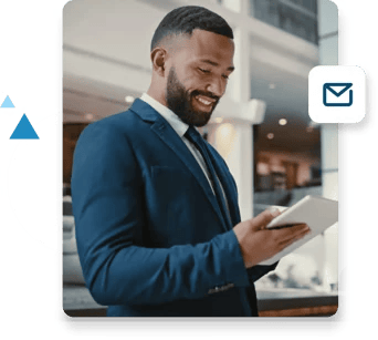 A suited businessman watches the ZeroBounce Litmus 3P Flow webinar from his tablet device